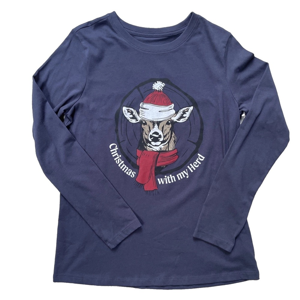 Natural Reflections Women's M Christmas Goat T-Shirt Navy Long Sleeve Herd